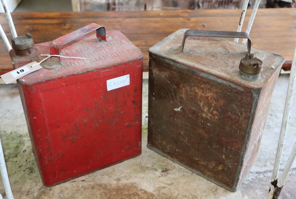 Two petrol cans from the 1930s and 1950s Shell Max and BP over printed, Pool Spirit